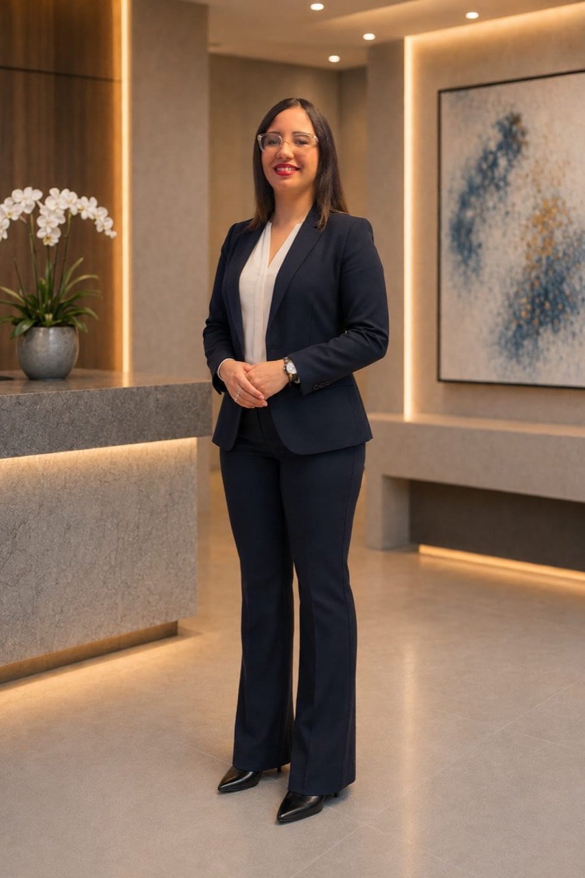 Full-length professional portrait of Jennifer Alicia Guerra Barreiro wearing a navy suit